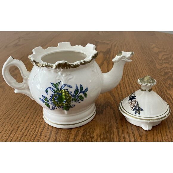 Porcelain Blue Floral Teapot With Gold Details & Bird Spout 5 1/2” - Picture 5 of 6